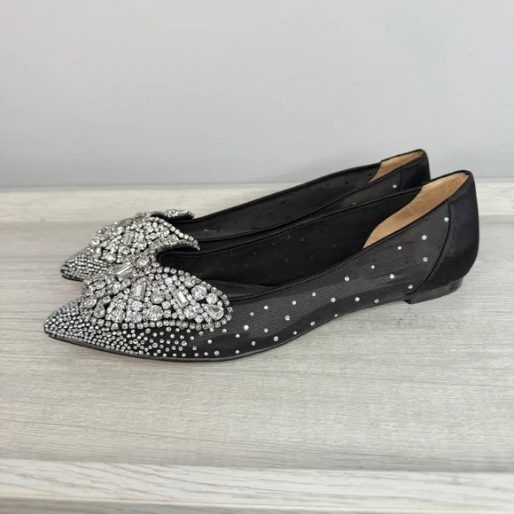 Badgley Mischka Quinn Crystal Embellished Pointed Toe Black Flats Size 8 - Picture 14 of 14